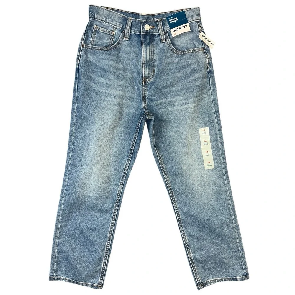 Old Navy Girls Jeans 14 Slouchy Straight High Rise Light Wash Adjustable Waist